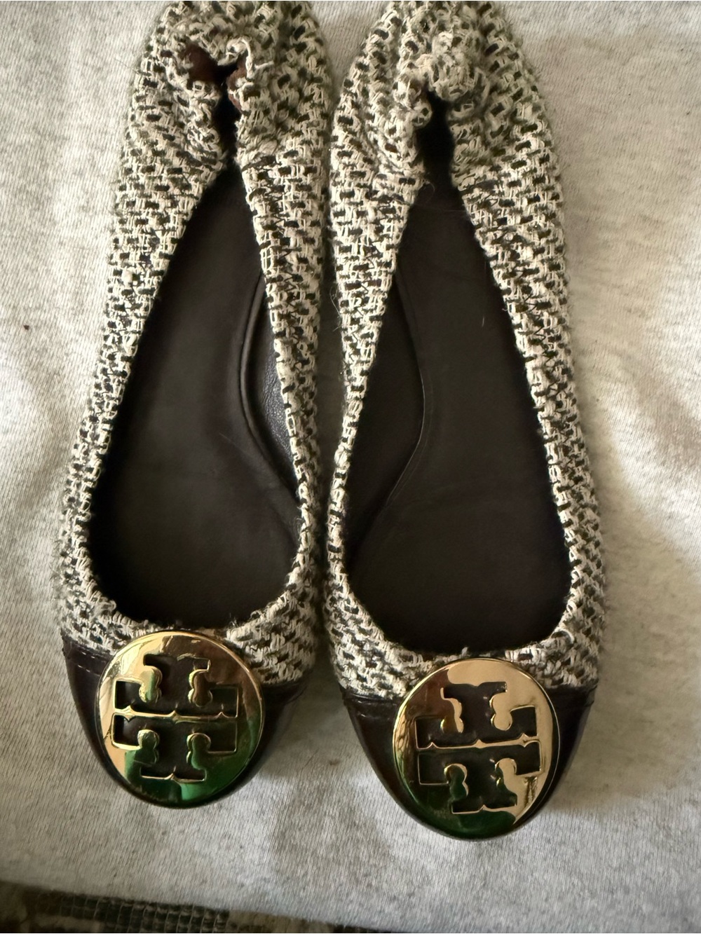 Tory Burch Tweed Ballet Flats with Gold Logo - Black & Cream - Picture 2 of 4